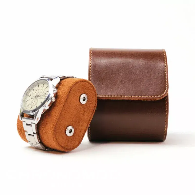 Brown Real Leather Watch Roll - Single Watch Travel Case - Image 6